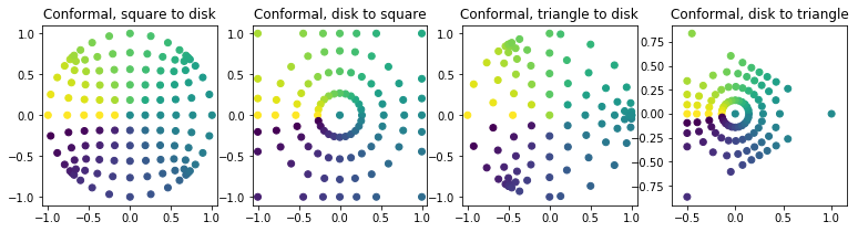 Plots of the conformal mapping from the disk to a square or triangle.